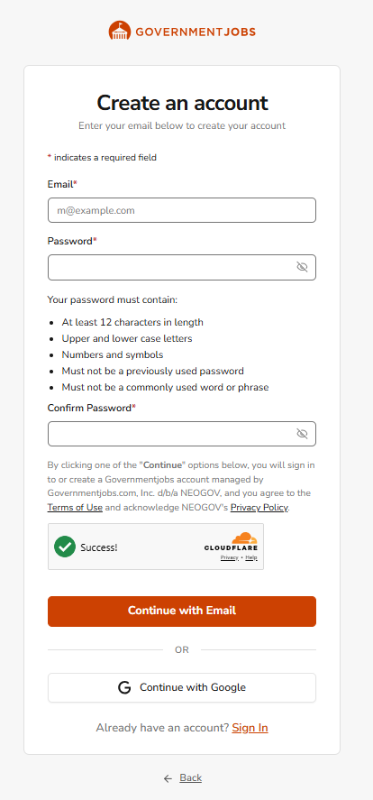 Create a new account form